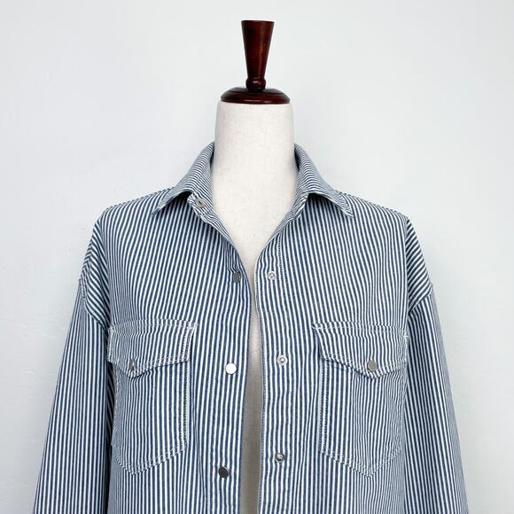Mavi Livia Oversized Striped Raw Hem Cotton Denim Shacket Shirt - Picture 4 of 12